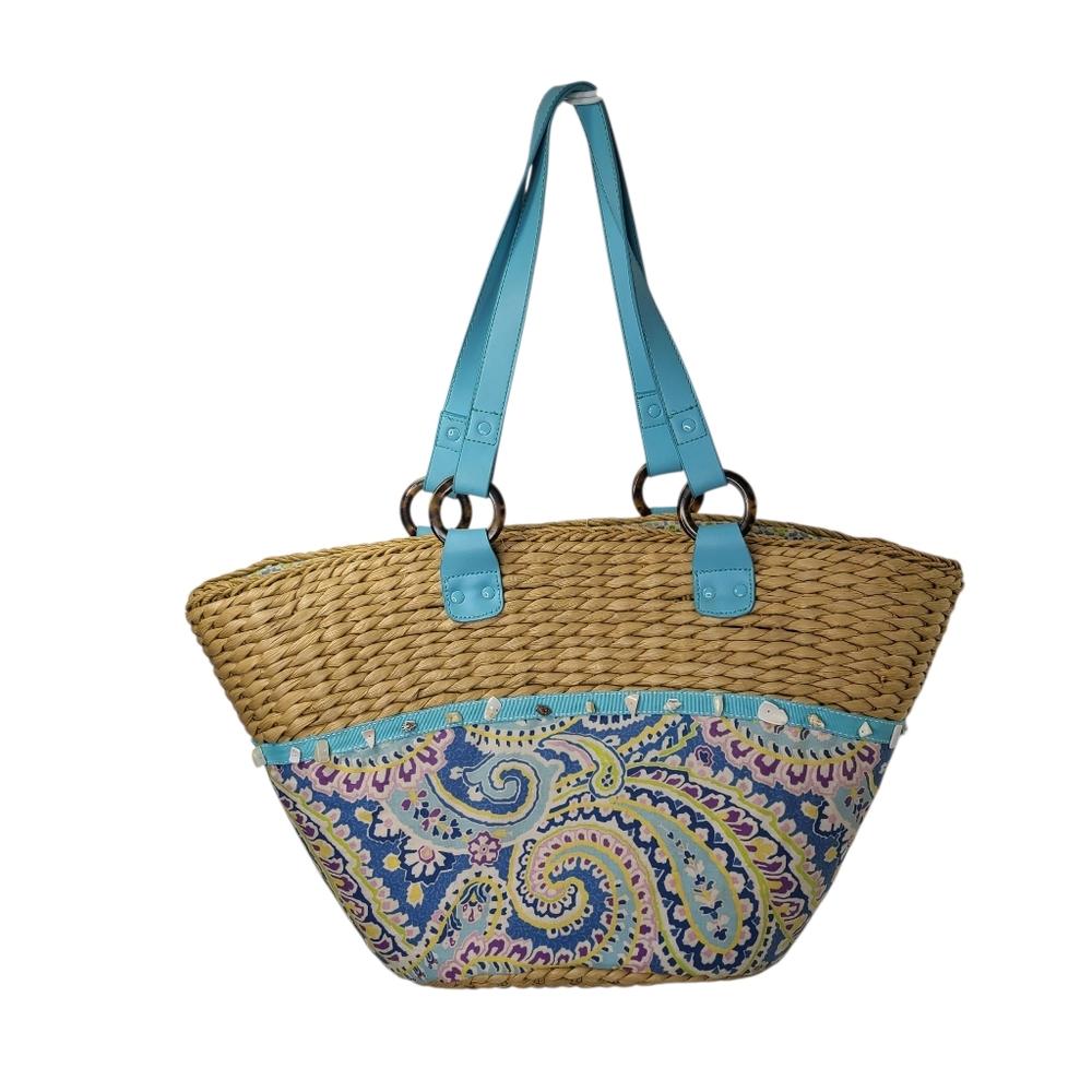 VERA BRADLEY Capri Blue Straw Beach Tote Shells Fabric Large